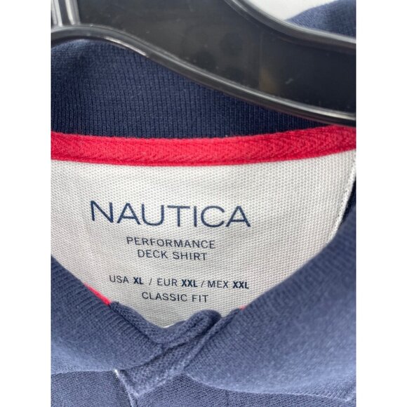 Nautica Men's Polo Shirt Performance Deck Shirt Sz XL Navy Blue Red Logo Striped - Picture 2 of 10